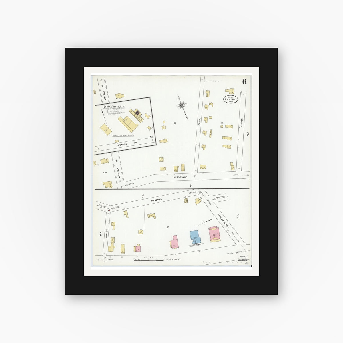 Old map wall art mockup — black gallery frame with white mat — Sanborn Fire Insurance Map from Amherst, Hampshire County, Massachusetts (1910), Sheet #0006