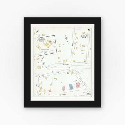 Old map wall art mockup — black gallery frame with white mat — Sanborn Fire Insurance Map from Amherst, Hampshire County, Massachusetts (1910), Sheet #0006