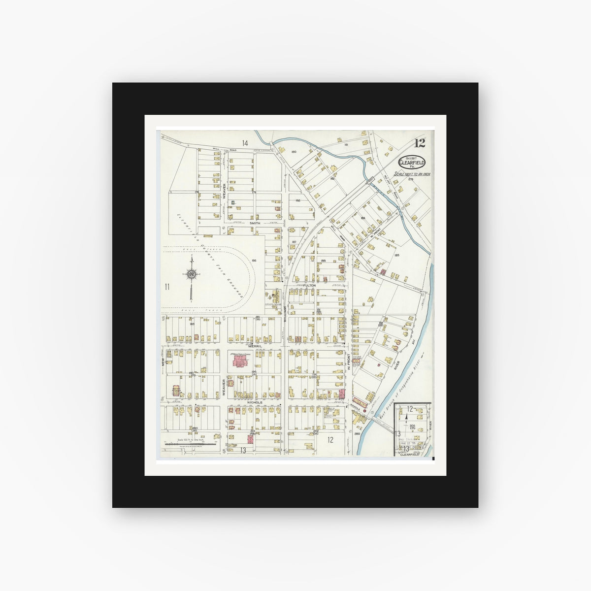 Old map wall art mockup — black gallery frame with white mat — Sanborn Fire Insurance Map from Clearfield, Clearfield County, Pennsylvania (1917), Sheet #0012