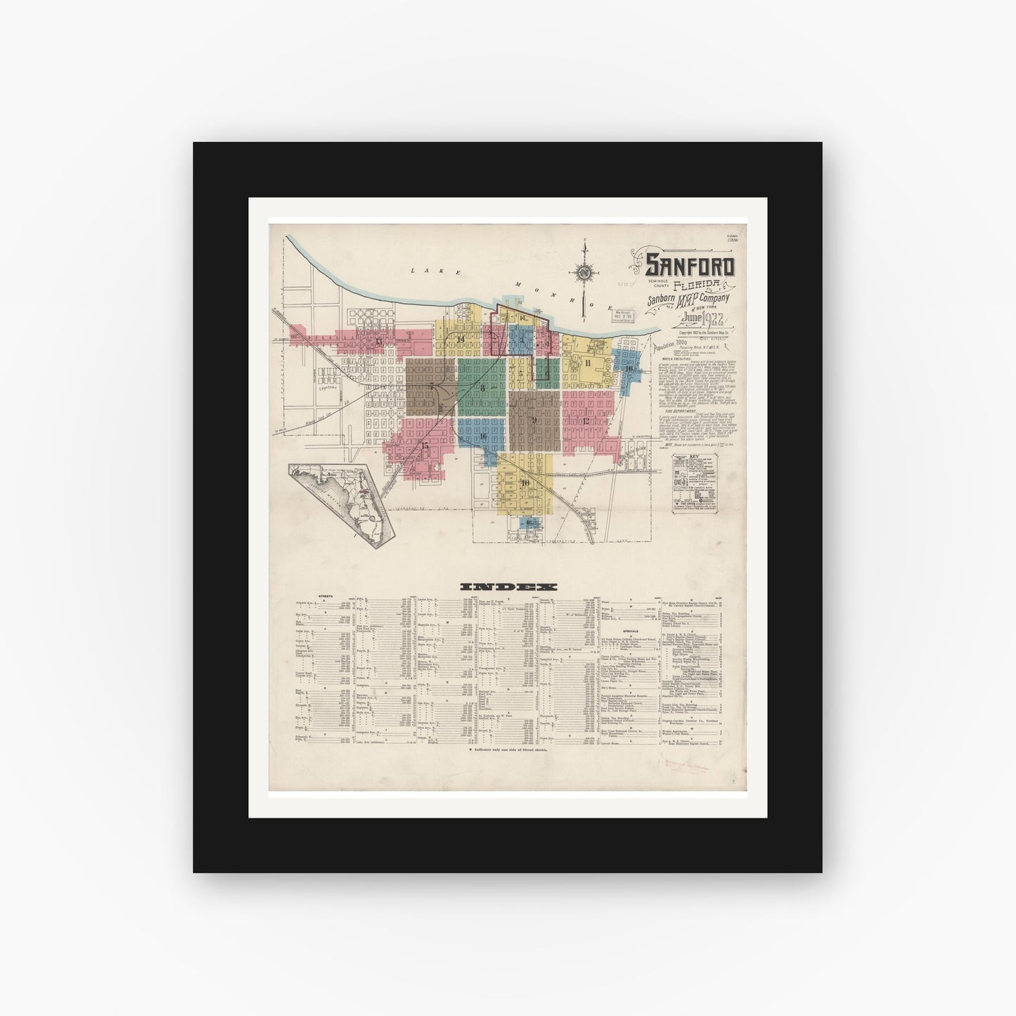 Old map wall art mockup — black gallery frame with white mat — Sanborn Fire Insurance Map from Sanford, Seminole County, Florida (1922) - Complete Map Set