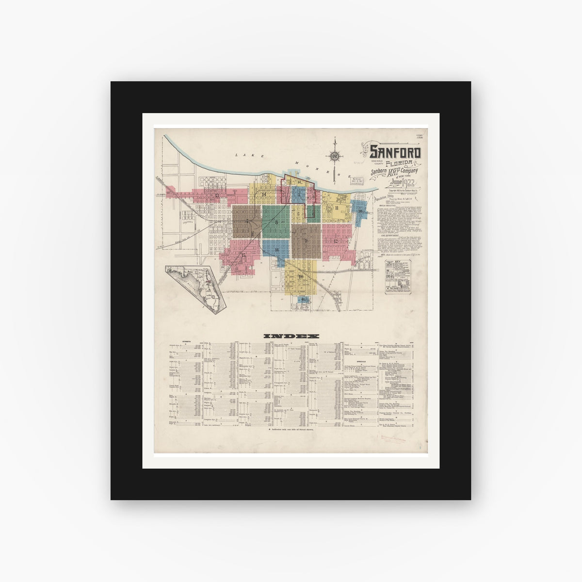 Old map wall art mockup — black gallery frame with white mat — Sanborn Fire Insurance Map from Sanford, Seminole County, Florida (1922) - Complete Map Set