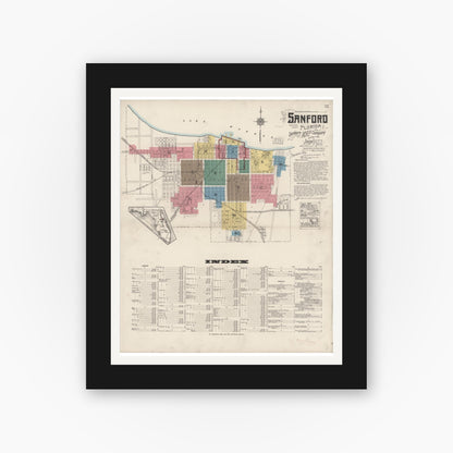 Old map wall art mockup — black gallery frame with white mat — Sanborn Fire Insurance Map from Sanford, Seminole County, Florida (1922) - Complete Map Set