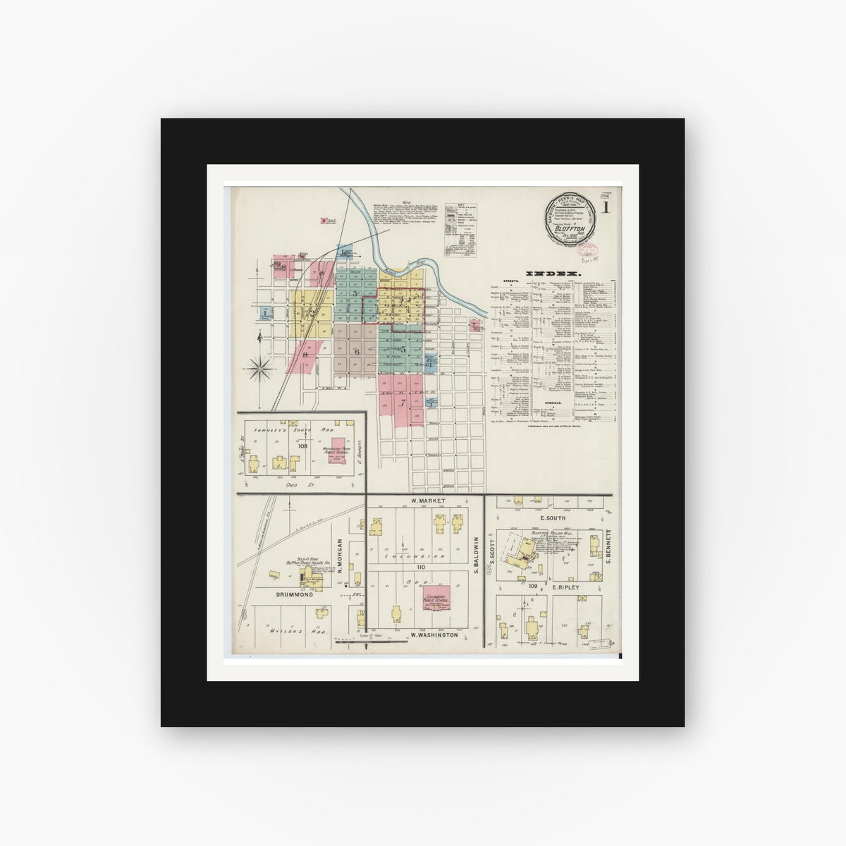 Old map wall art mockup — black gallery frame with white mat — Sanborn Fire Insurance Map from Bluffton, Wells County, Indiana (1895), Sheet #0001