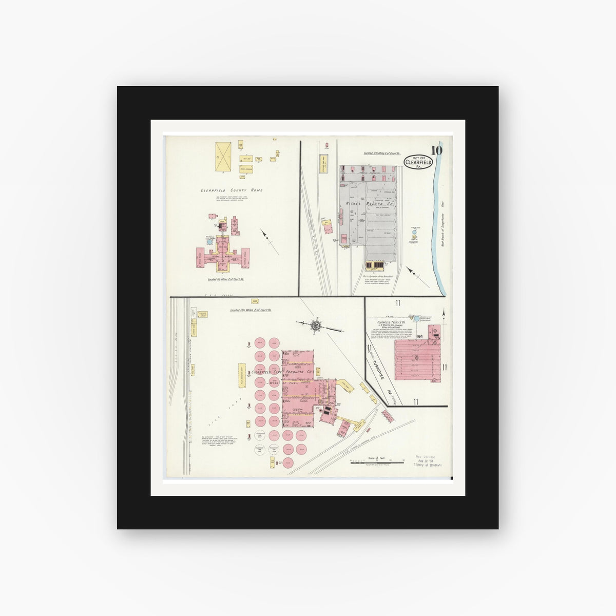 Old map wall art mockup — black gallery frame with white mat — Sanborn Fire Insurance Map from Clearfield, Clearfield County, Pennsylvania (1917), Sheet #0010
