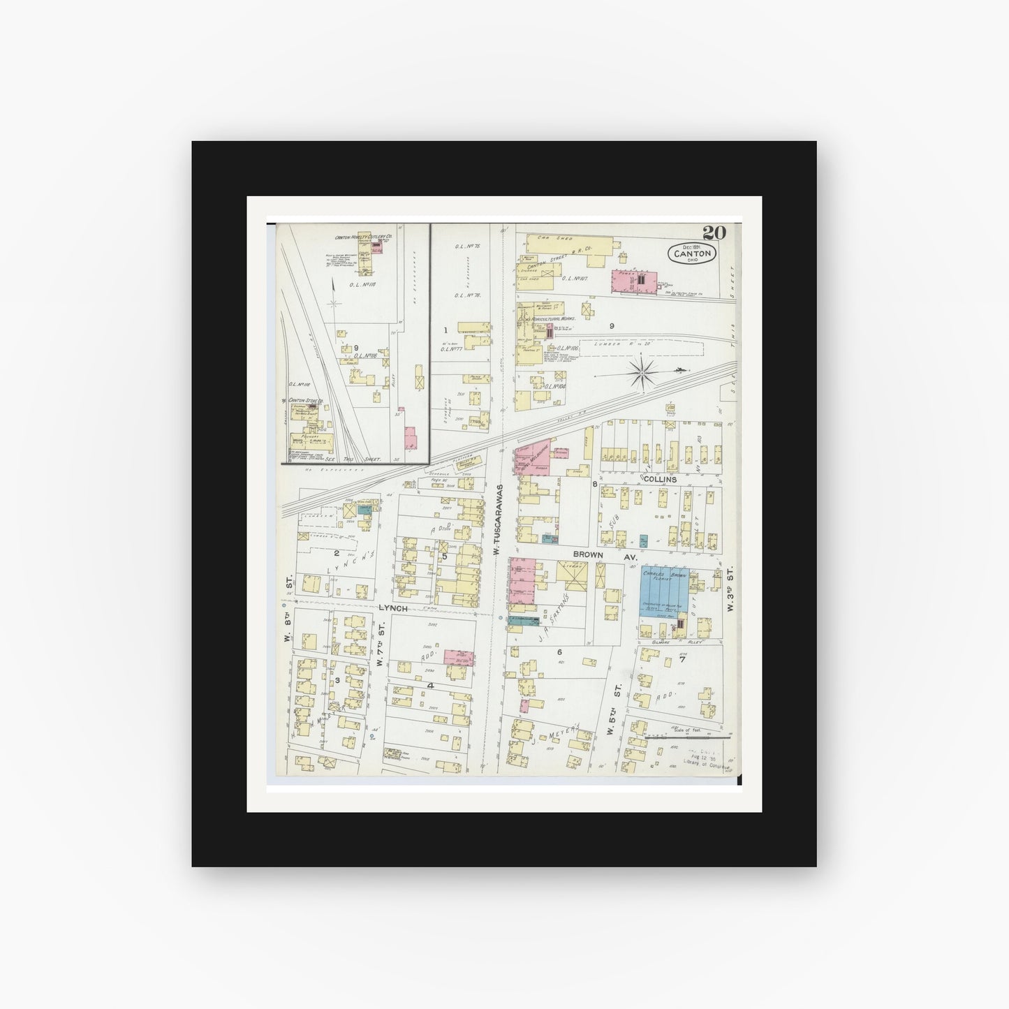 Old map wall art mockup — black gallery frame with white mat — Sanborn Fire Insurance Map from Canton, Stark County, Ohio (1891), Sheet #0020