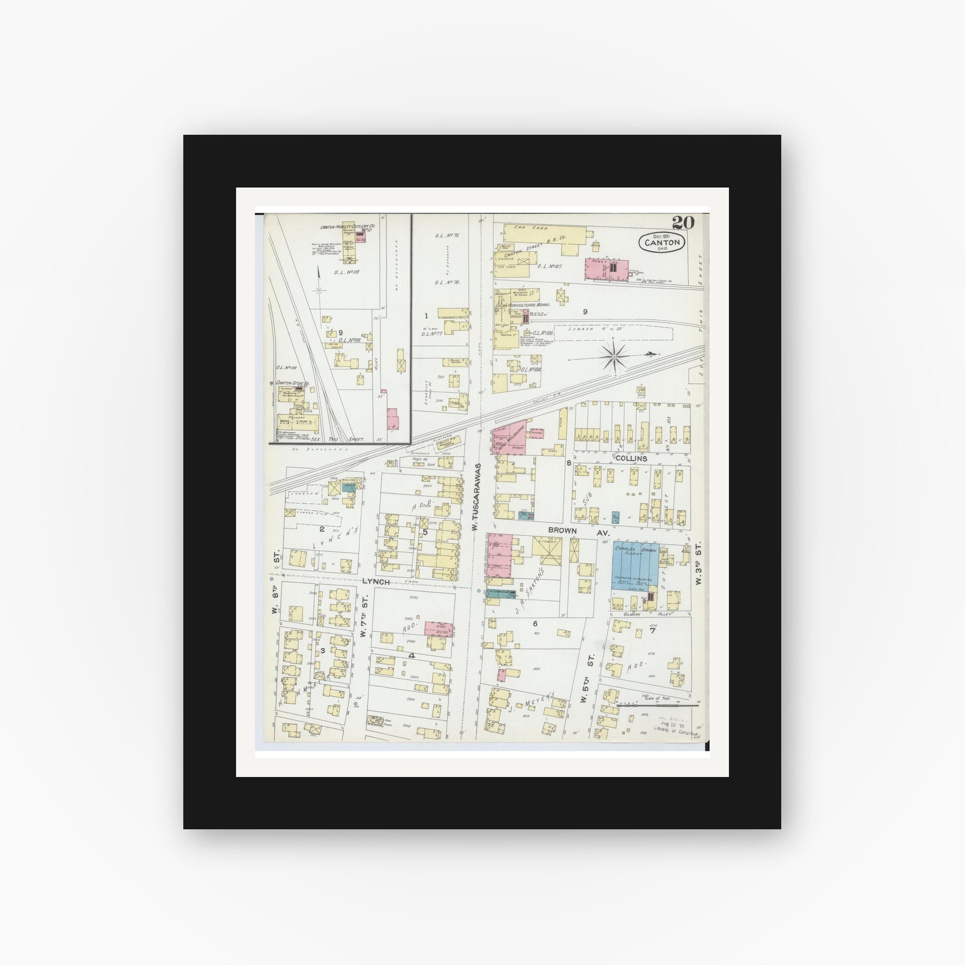 Old map wall art mockup — black gallery frame with white mat — Sanborn Fire Insurance Map from Canton, Stark County, Ohio (1891), Sheet #0020