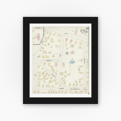 Old map wall art mockup — black gallery frame with white mat — Sanborn Fire Insurance Map from Watertown, Jefferson County, New York (1890), Sheet #0010