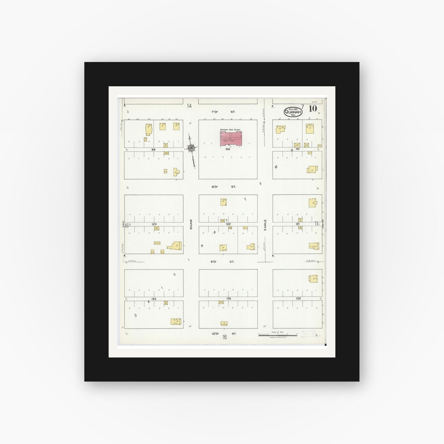 Old map wall art mockup — black gallery frame with white mat — Sanborn Fire Insurance Map from Quanah, Hardeman County, Texas (1921), Sheet #0010