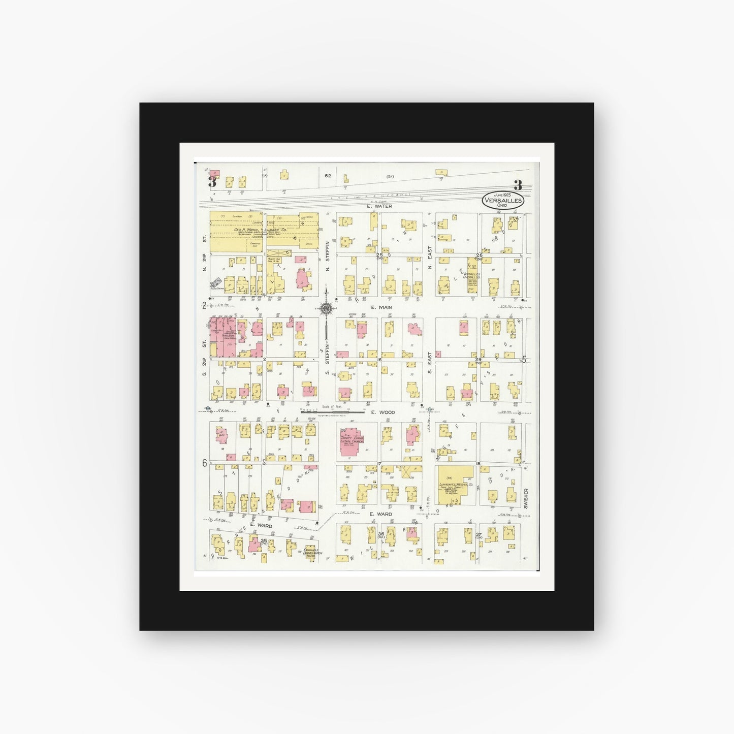 Old map wall art mockup — black gallery frame with white mat — Sanborn Fire Insurance Map from Versailles, Darke County, Ohio (1925), Sheet #0003