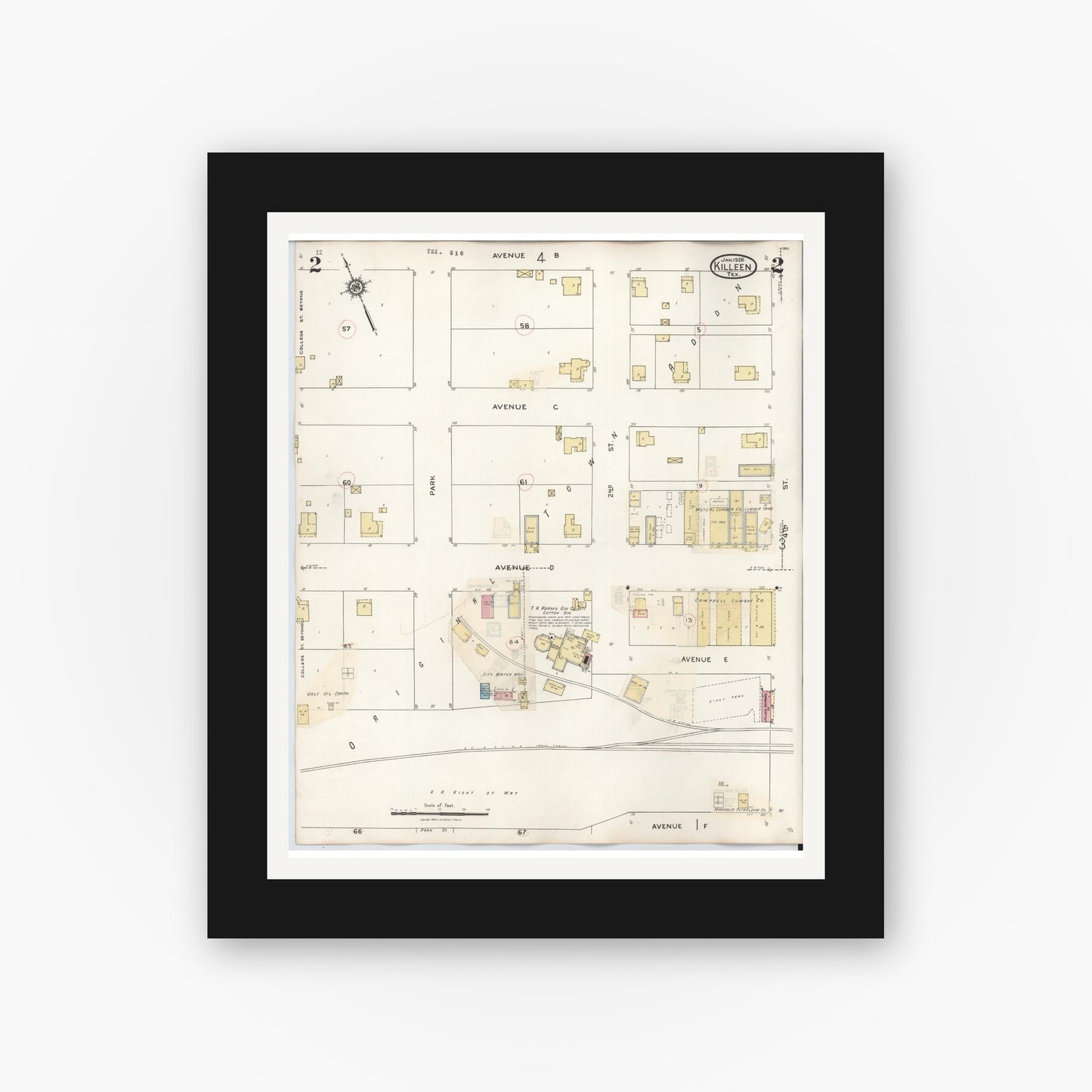 Old map wall art mockup — black gallery frame with white mat — Sanborn Fire Insurance Map from Killeen, Bell County, Texas (1937), Sheet #0002