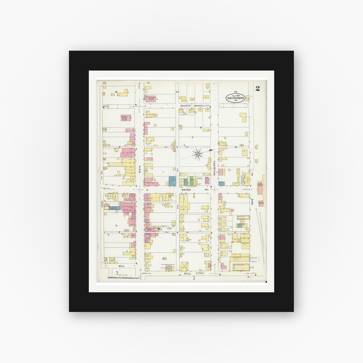 Old map wall art mockup — black gallery frame with white mat — Sanborn Fire Insurance Map from Waynesboro, Independent Cities, Virginia (1907), Sheet #0002