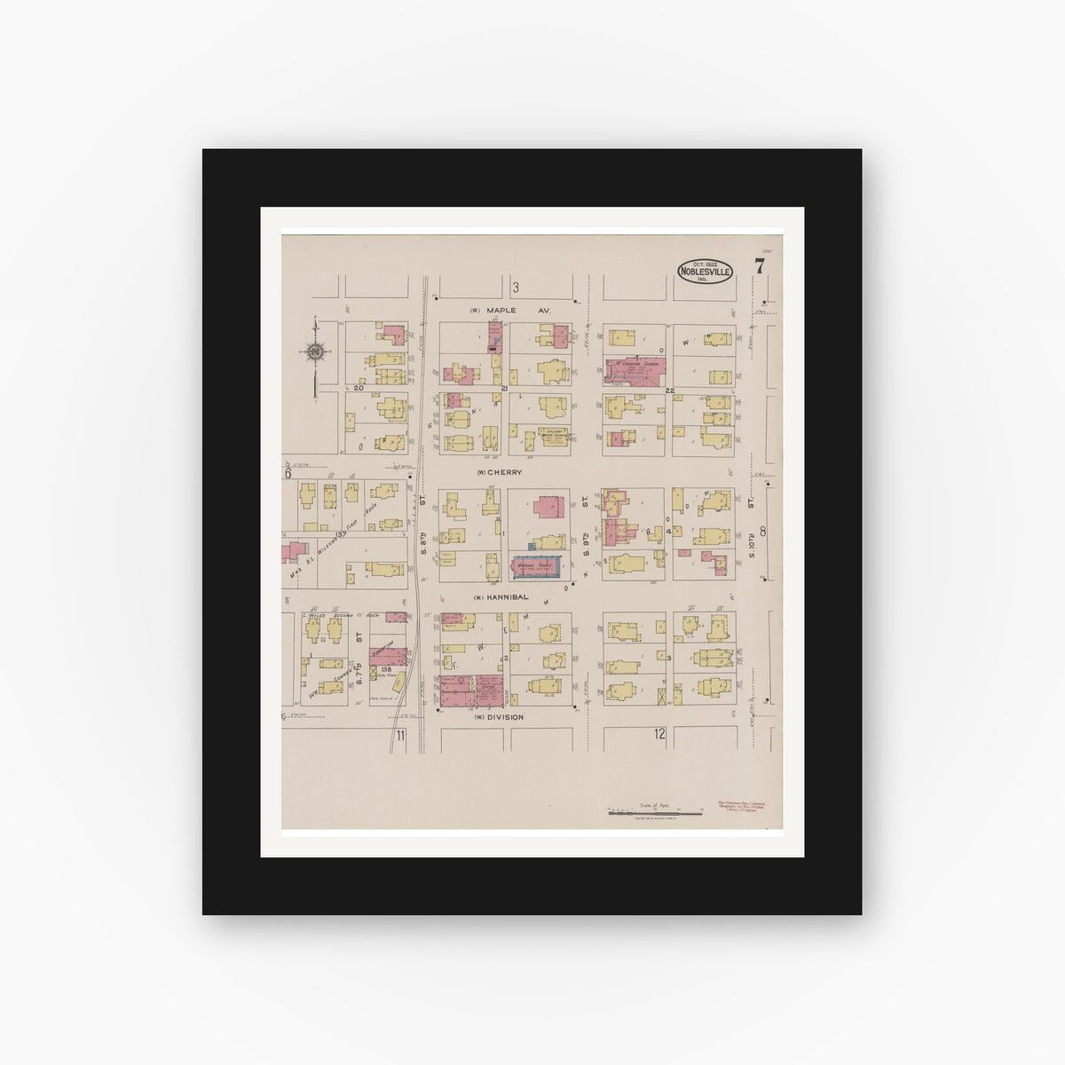 Old map wall art mockup — black gallery frame with white mat — Sanborn Fire Insurance Map from Noblesville, Hamilton County, Indiana (1922), Sheet #0007