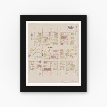 Old map wall art mockup — black gallery frame with white mat — Sanborn Fire Insurance Map from Noblesville, Hamilton County, Indiana (1922), Sheet #0007