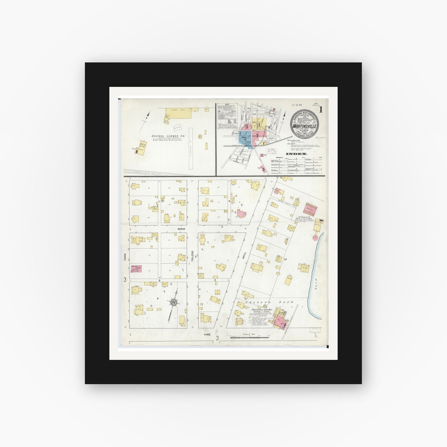 Old map wall art mockup — black gallery frame with white mat — Sanborn Fire Insurance Map from Martinsville, Clark County, Illinois (1912) - Complete Map Set
