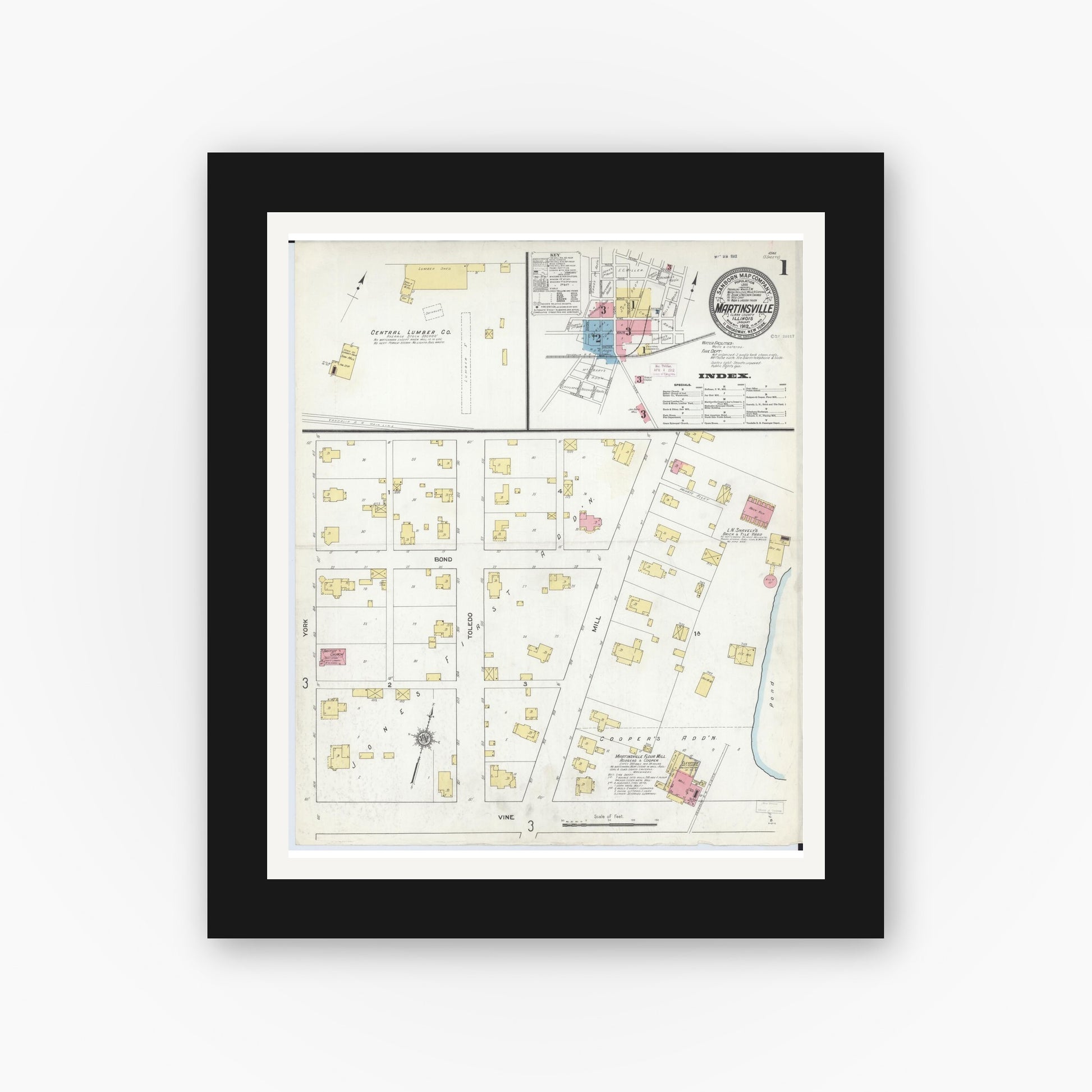 Old map wall art mockup — black gallery frame with white mat — Sanborn Fire Insurance Map from Martinsville, Clark County, Illinois (1912) - Complete Map Set