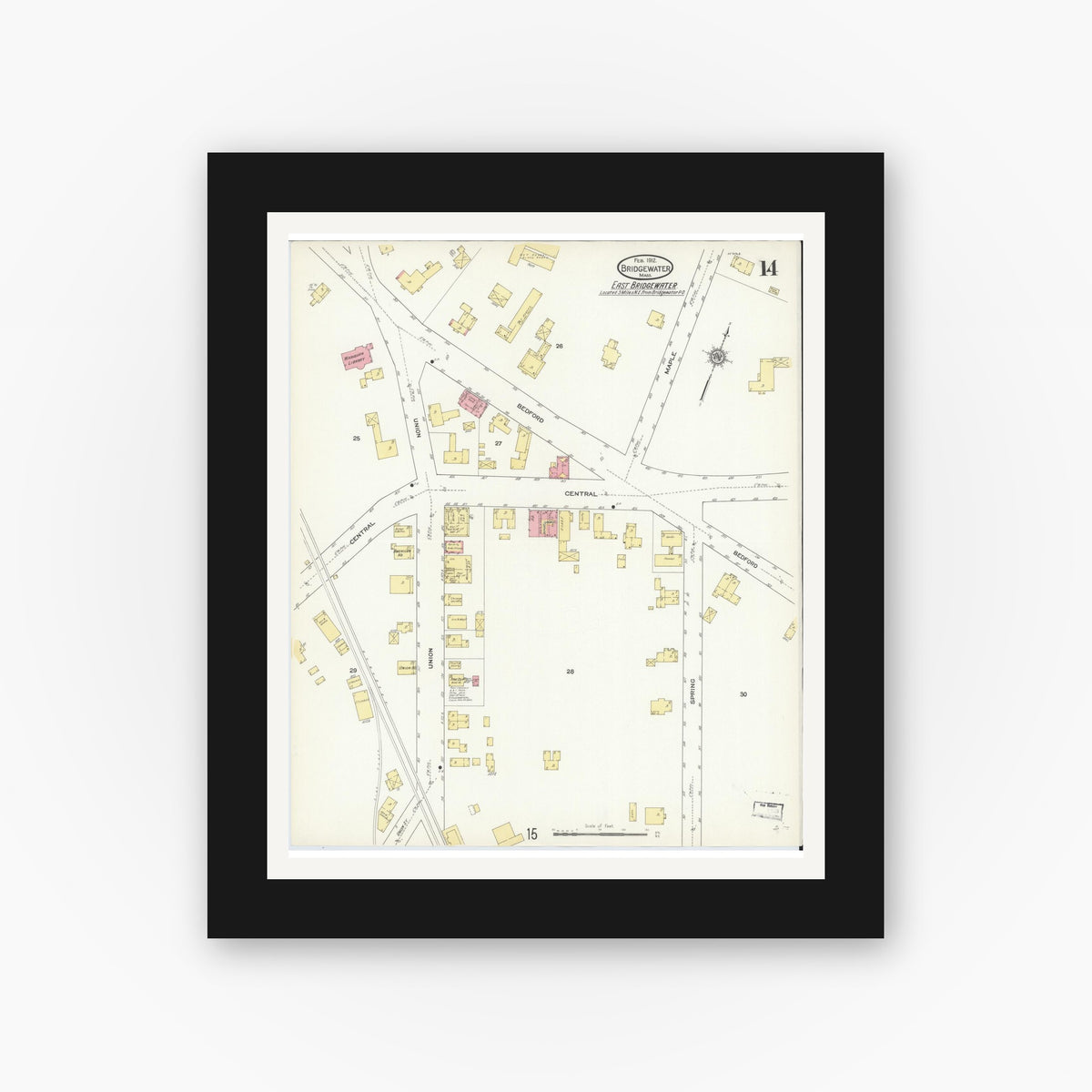 Old map wall art mockup — black gallery frame with white mat — Sanborn Fire Insurance Map from Bridgewater, Plymouth County, Massachusetts (1912), Sheet #0014