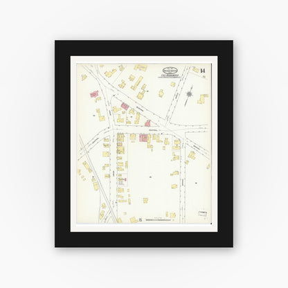 Old map wall art mockup — black gallery frame with white mat — Sanborn Fire Insurance Map from Bridgewater, Plymouth County, Massachusetts (1912), Sheet #0014