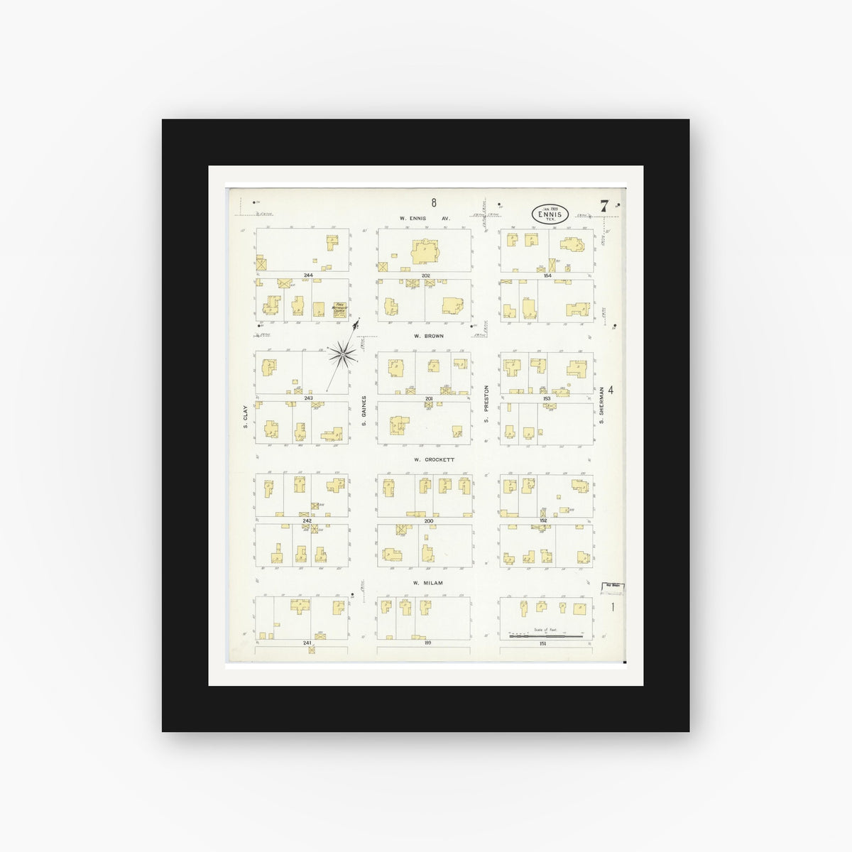 Old map wall art mockup — black gallery frame with white mat — Sanborn Fire Insurance Map from Ennis, Ellis County, Texas (1909), Sheet #0007
