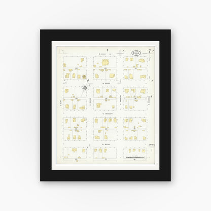Old map wall art mockup — black gallery frame with white mat — Sanborn Fire Insurance Map from Ennis, Ellis County, Texas (1909), Sheet #0007