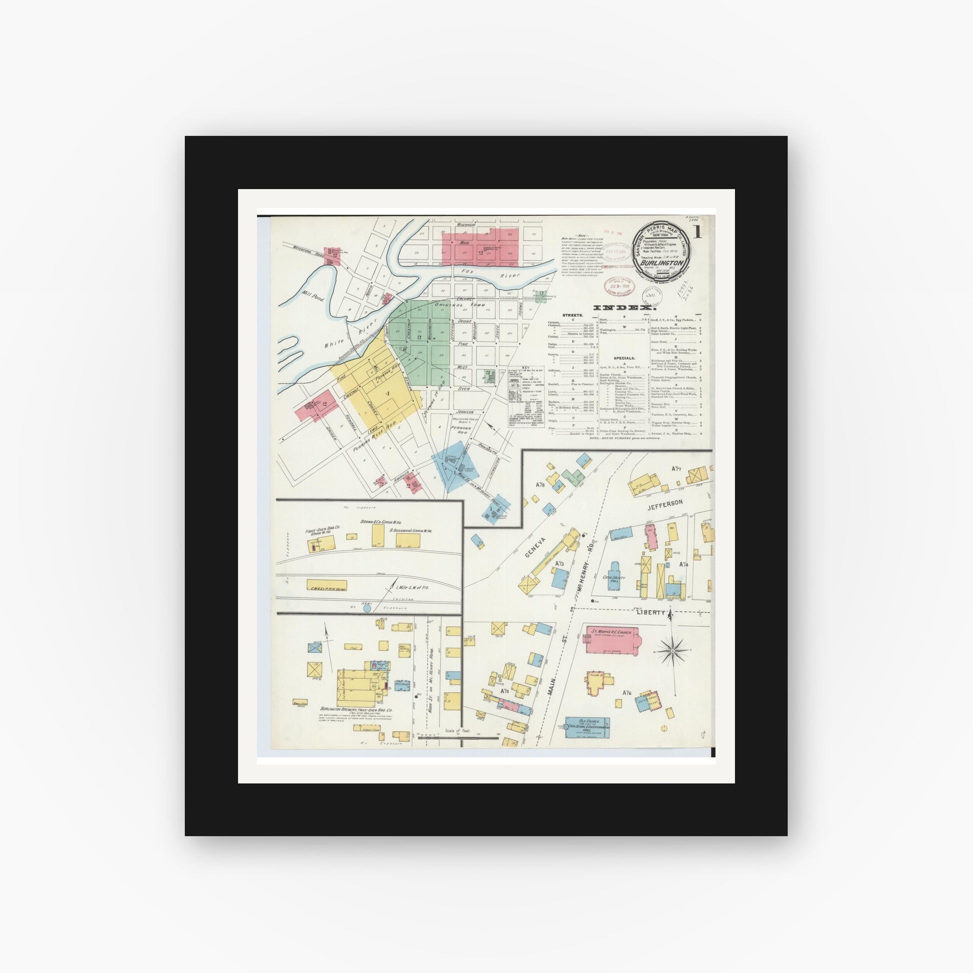 Old map wall art mockup — black gallery frame with white mat — Sanborn Fire Insurance Map from Burlington, Racine County, Wisconsin (1898) - Complete Map Set