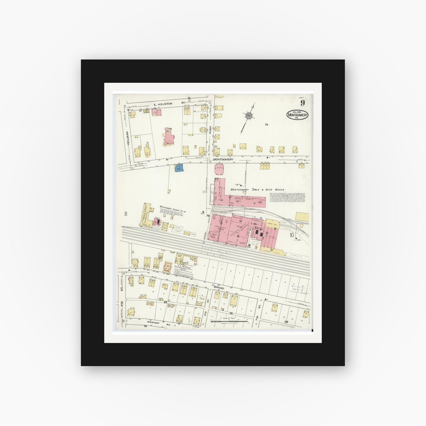 Old map wall art mockup — black gallery frame with white mat — Sanborn Fire Insurance Map from Montgomery, Lycoming County, Pennsylvania (1920), Sheet #0009