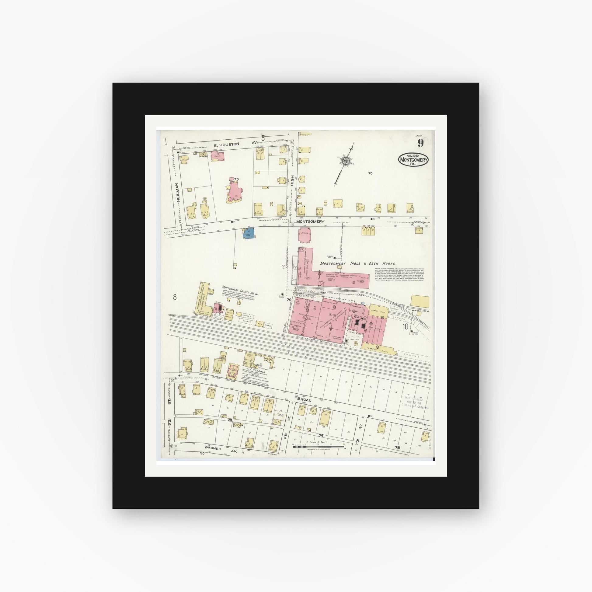 Old map wall art mockup — black gallery frame with white mat — Sanborn Fire Insurance Map from Montgomery, Lycoming County, Pennsylvania (1920), Sheet #0009