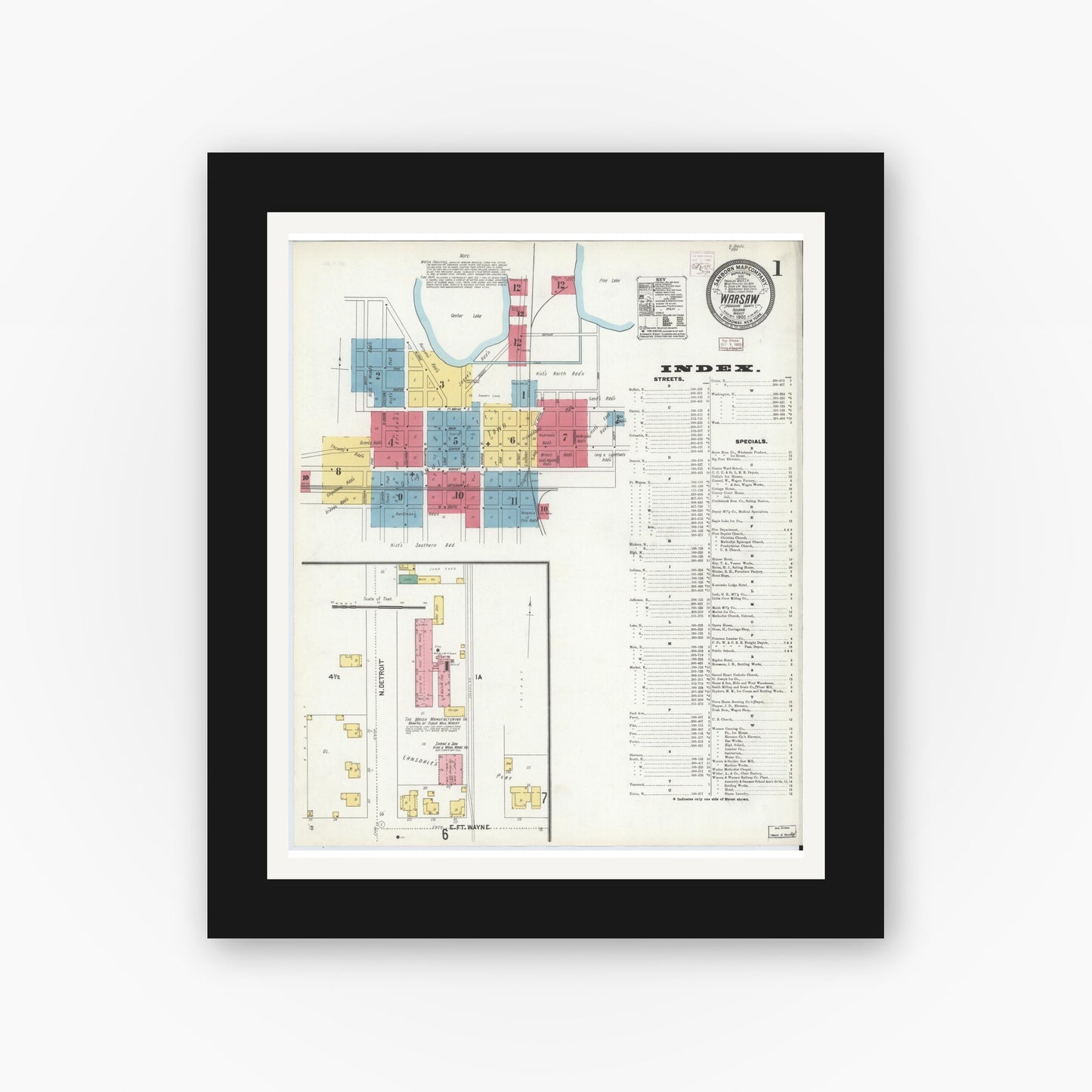 Old map wall art mockup — black gallery frame with white mat — Sanborn Fire Insurance Map from Warsaw, Kosciusko County, Indiana (1905) - Complete Map Set