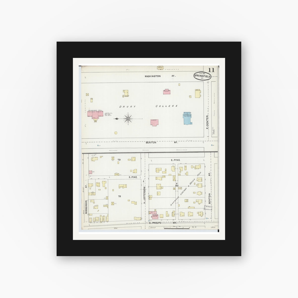 Old map wall art mockup — black gallery frame with white mat — Sanborn Fire Insurance Map from Springfield, Greene County, Missouri (1891), Sheet #0011