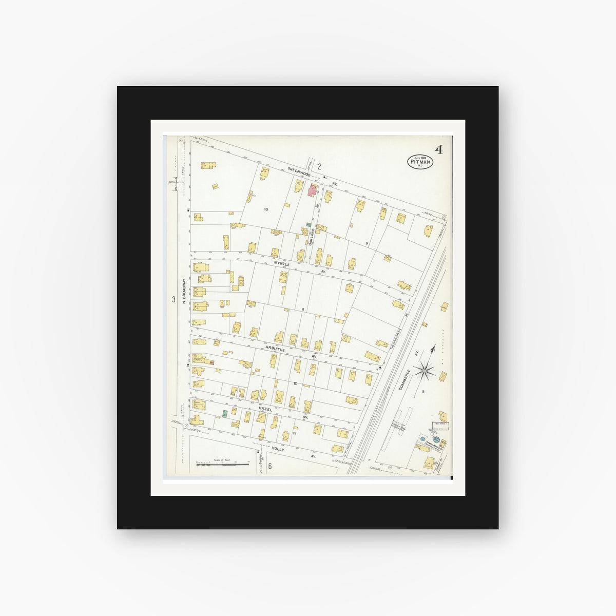 Old map wall art mockup — black gallery frame with white mat — Sanborn Fire Insurance Map from Pitman, Gloucester County, New Jersey (1908), Sheet #0004