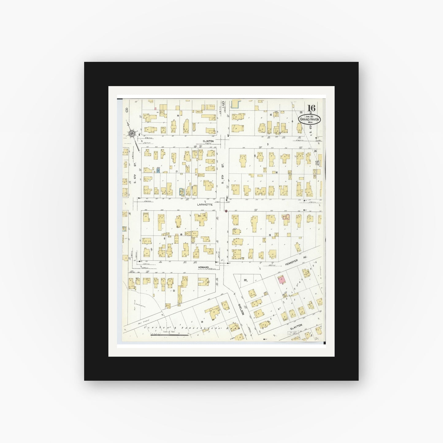Old map wall art mockup — black gallery frame with white mat — Sanborn Fire Insurance Map from Grand Haven, Ottawa County, Michigan (1912), Sheet #0016