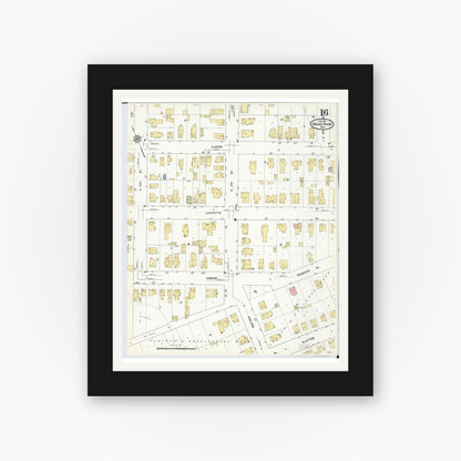 Old map wall art mockup — black gallery frame with white mat — Sanborn Fire Insurance Map from Grand Haven, Ottawa County, Michigan (1912), Sheet #0016