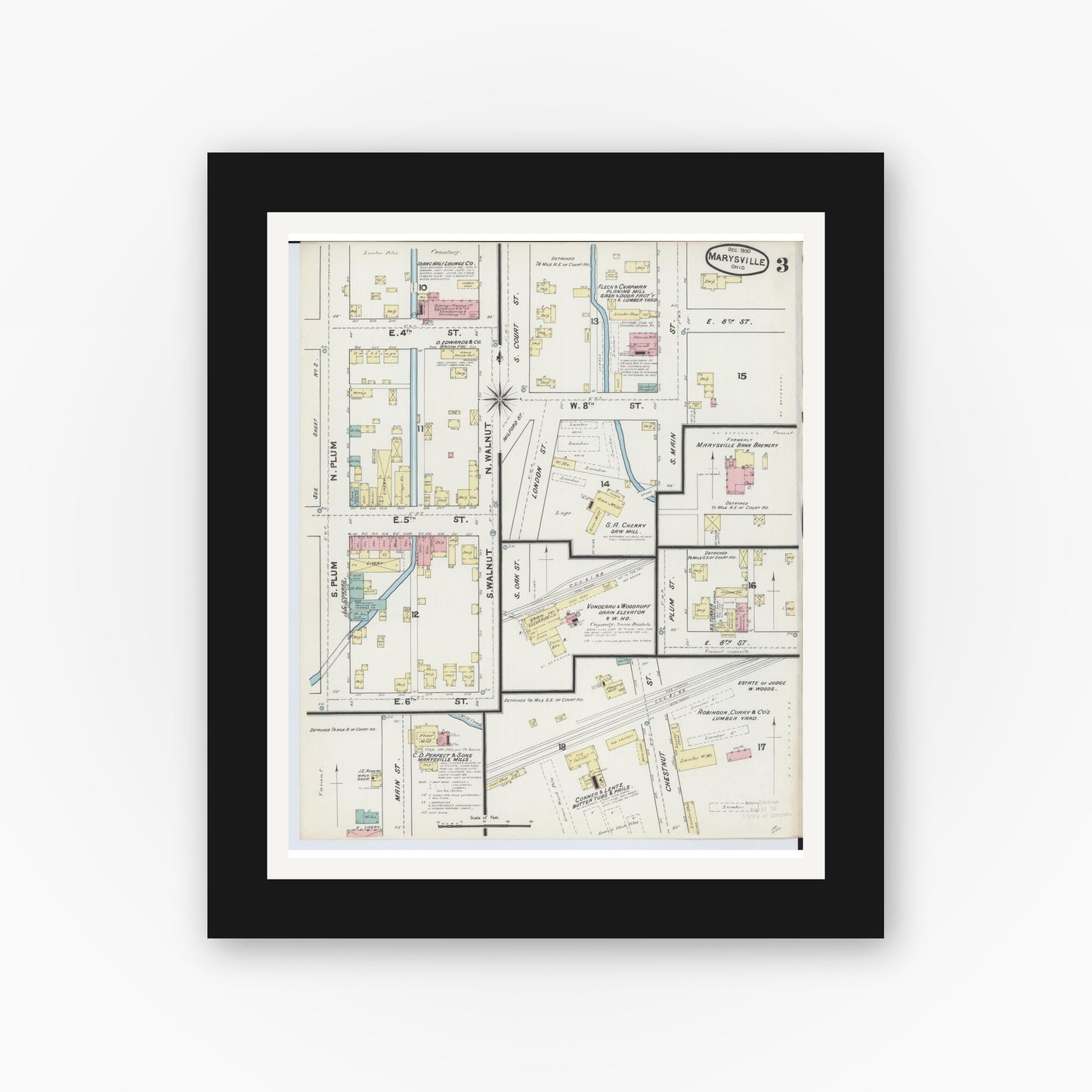 Old map wall art mockup — black gallery frame with white mat — Sanborn Fire Insurance Map from Marysville, Union County, Ohio (1890), Sheet #0003