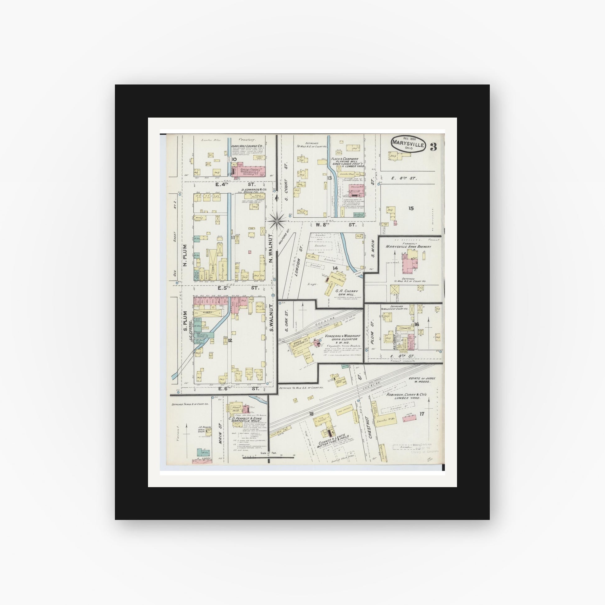 Old map wall art mockup — black gallery frame with white mat — Sanborn Fire Insurance Map from Marysville, Union County, Ohio (1890), Sheet #0003