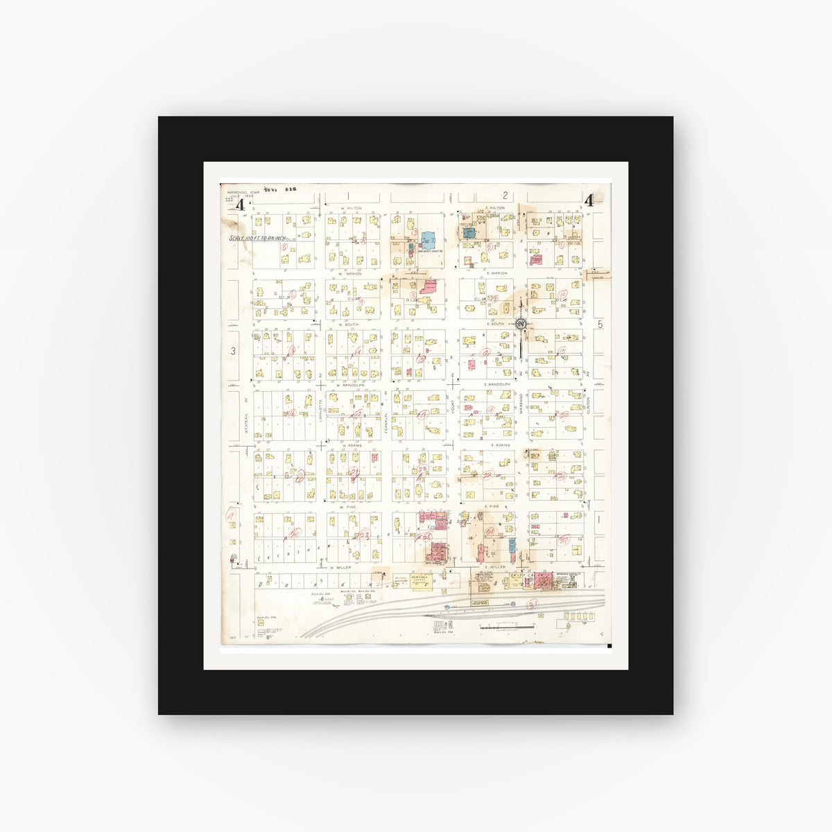 Old map wall art mockup — black gallery frame with white mat — Sanborn Fire Insurance Map from Marengo, Iowa County, Iowa (1942), Sheet #0004