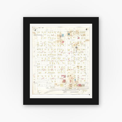 Old map wall art mockup — black gallery frame with white mat — Sanborn Fire Insurance Map from Marengo, Iowa County, Iowa (1942), Sheet #0004