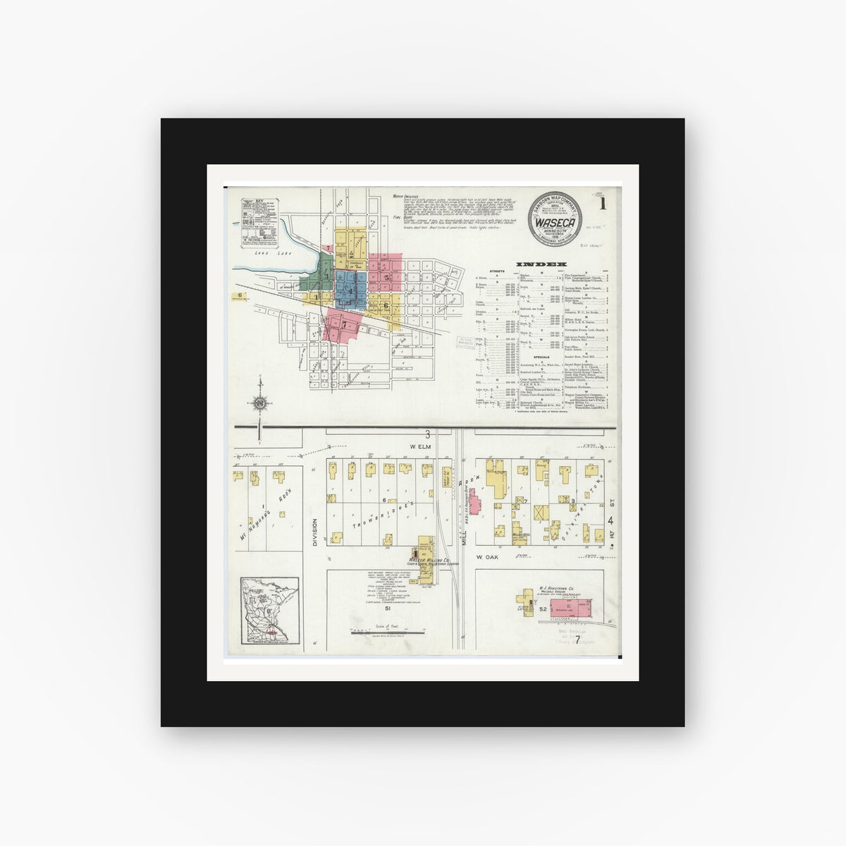 Old map wall art mockup — black gallery frame with white mat — Sanborn Fire Insurance Map from Waseca, Waseca County, Minnesota (1919), Sheet #0001