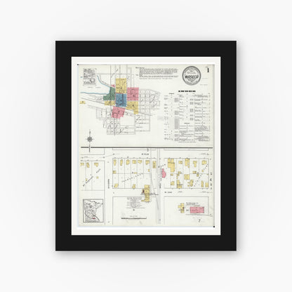 Old map wall art mockup — black gallery frame with white mat — Sanborn Fire Insurance Map from Waseca, Waseca County, Minnesota (1919), Sheet #0001