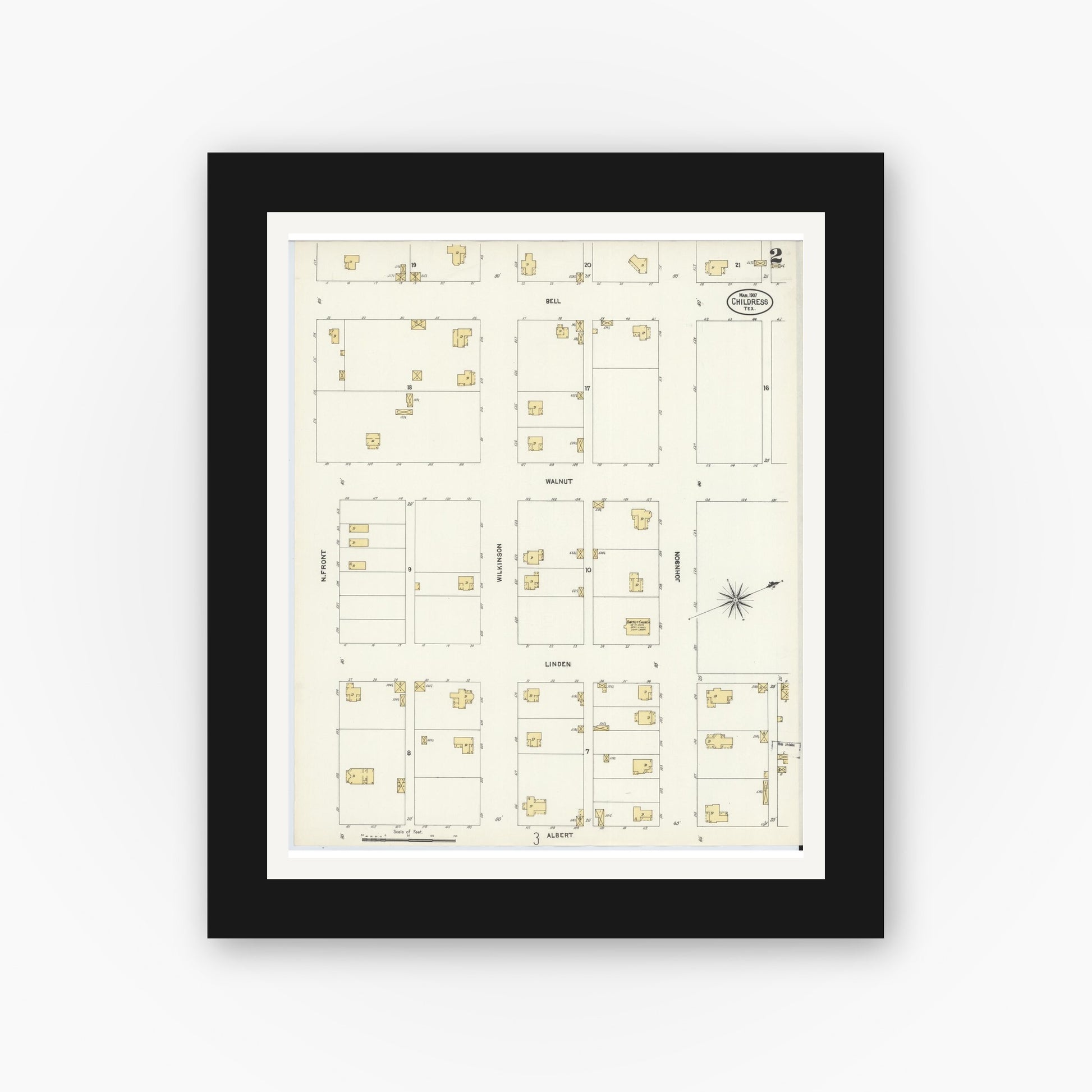 Old map wall art mockup — black gallery frame with white mat — Sanborn Fire Insurance Map from Childress, Childress County, Texas (1907), Sheet #0002