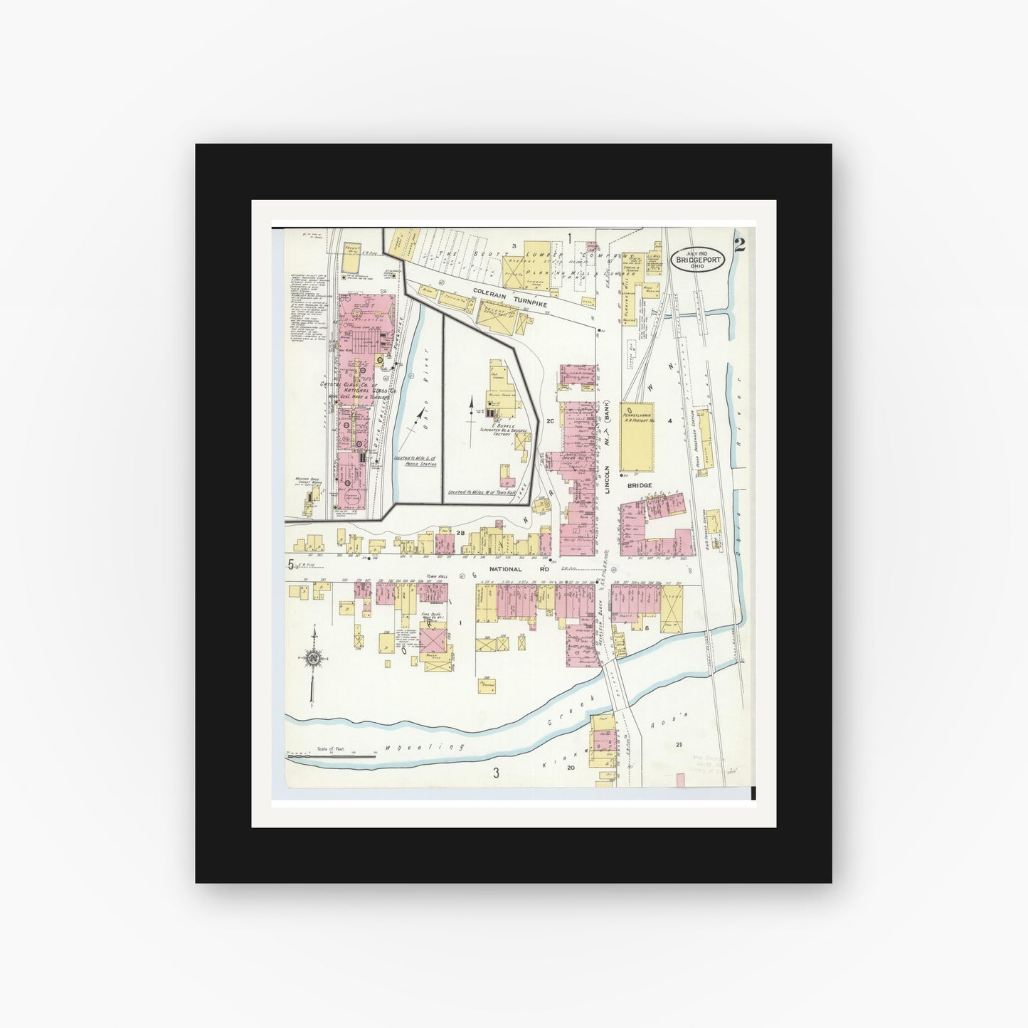 Old map wall art mockup — black gallery frame with white mat — Sanborn Fire Insurance Map from Bridgeport, Belmont County, Ohio (1910), Sheet #0002
