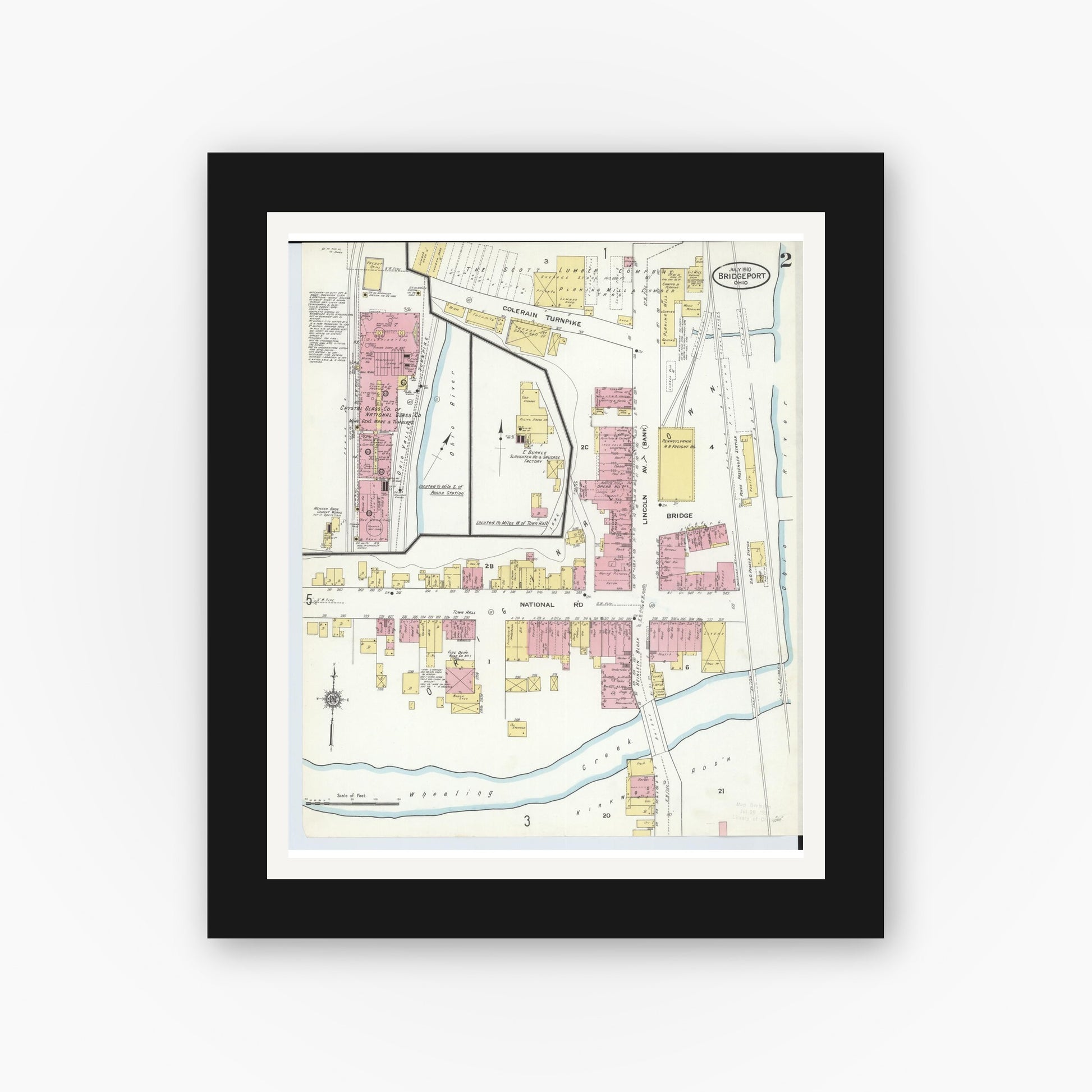 Old map wall art mockup — black gallery frame with white mat — Sanborn Fire Insurance Map from Bridgeport, Belmont County, Ohio (1910), Sheet #0002