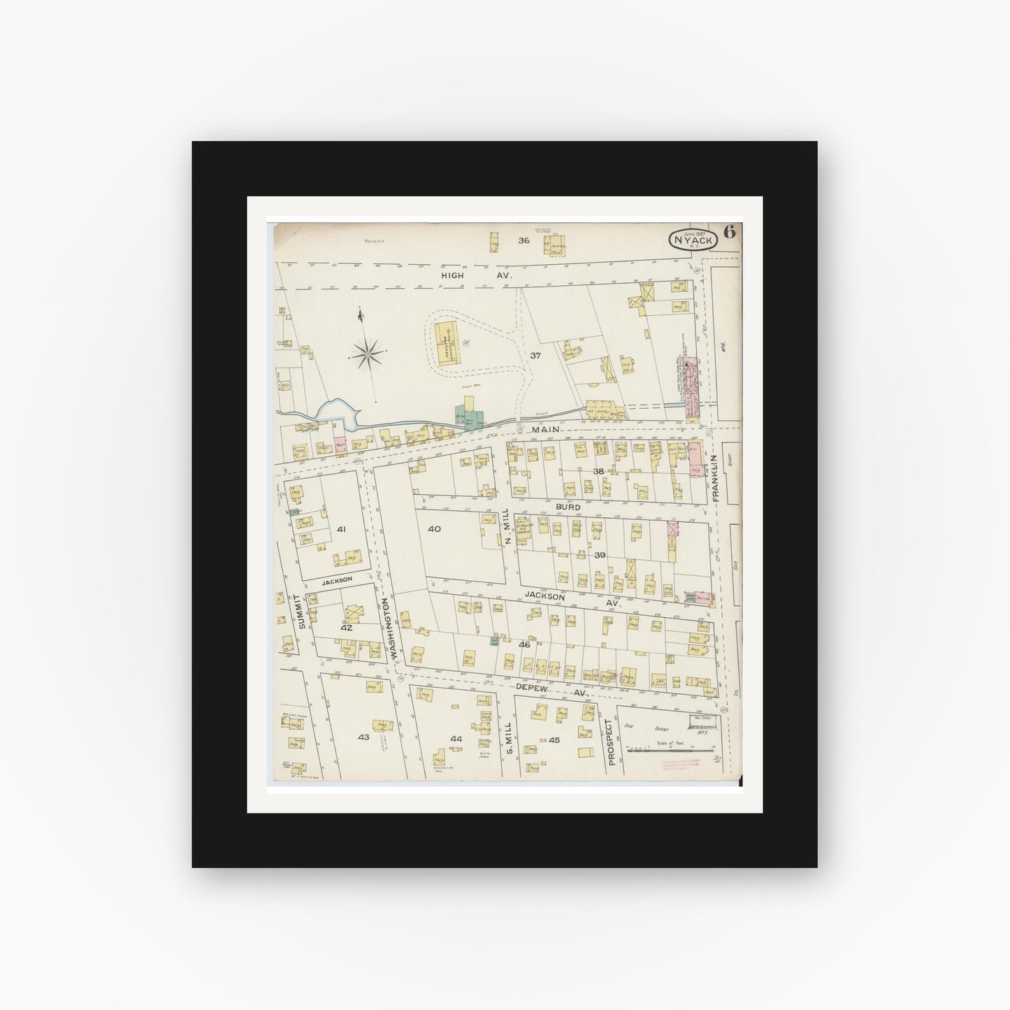 Old map wall art mockup — black gallery frame with white mat — Sanborn Fire Insurance Map from Nyack, Rockland County, New York. (1887), Sheet #0006
