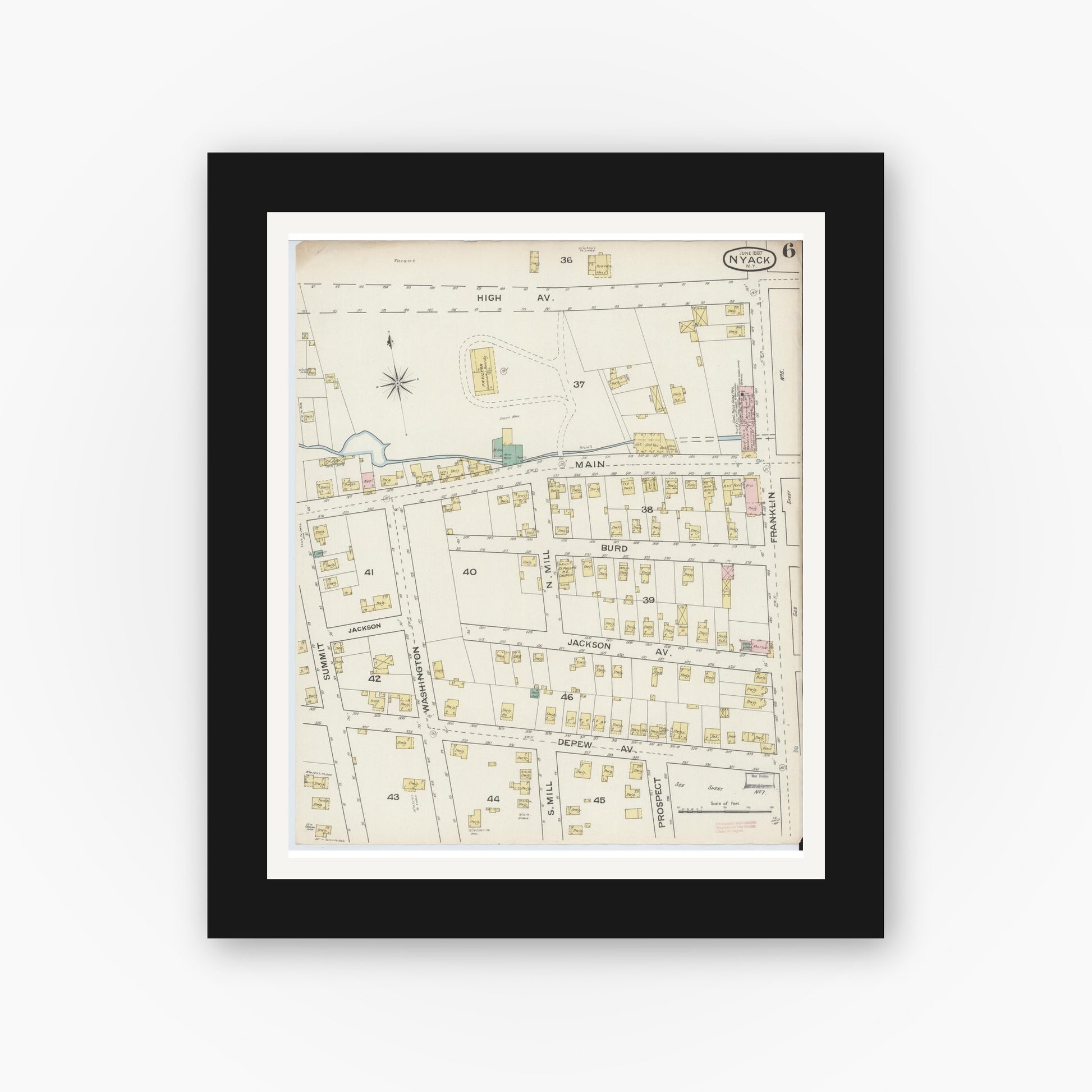 Old map wall art mockup — black gallery frame with white mat — Sanborn Fire Insurance Map from Nyack, Rockland County, New York. (1887), Sheet #0006