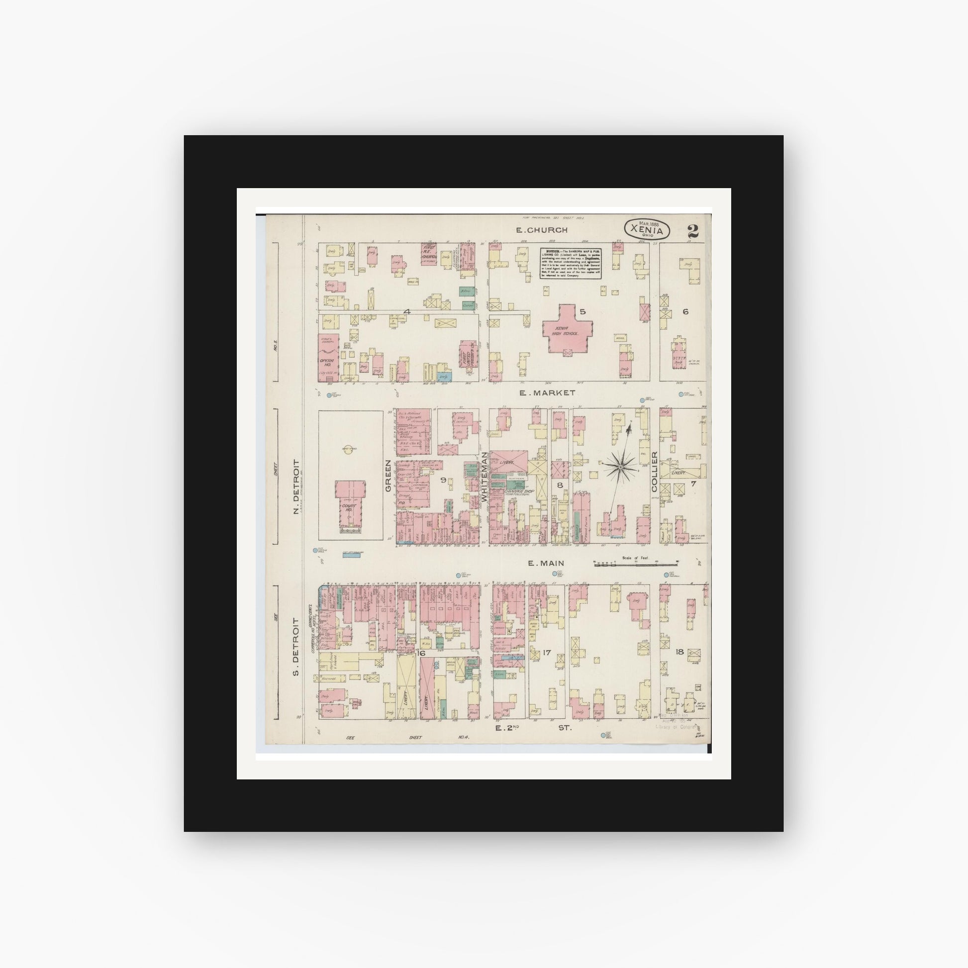 Old map wall art mockup — black gallery frame with white mat — Sanborn Fire Insurance Map from Xenia, Greene County, Ohio (1885), Sheet #0002