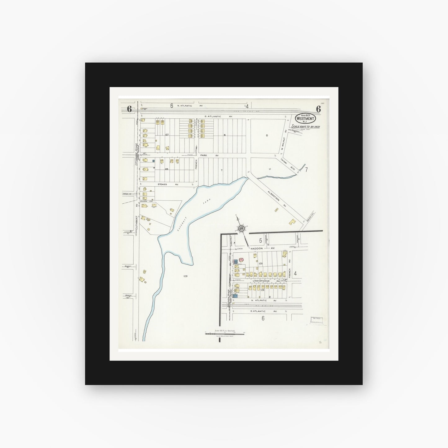 Old map wall art mockup — black gallery frame with white mat — Sanborn Fire Insurance Map from Westmont, Camden County, New Jersey (1925), Sheet #0006