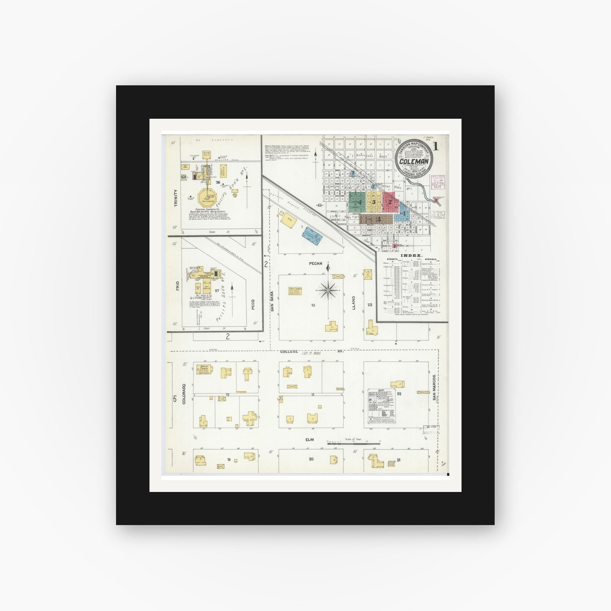 Old map wall art mockup — black gallery frame with white mat — Sanborn Fire Insurance Map from Coleman, Coleman County, Texas (1904) - Complete Map Set