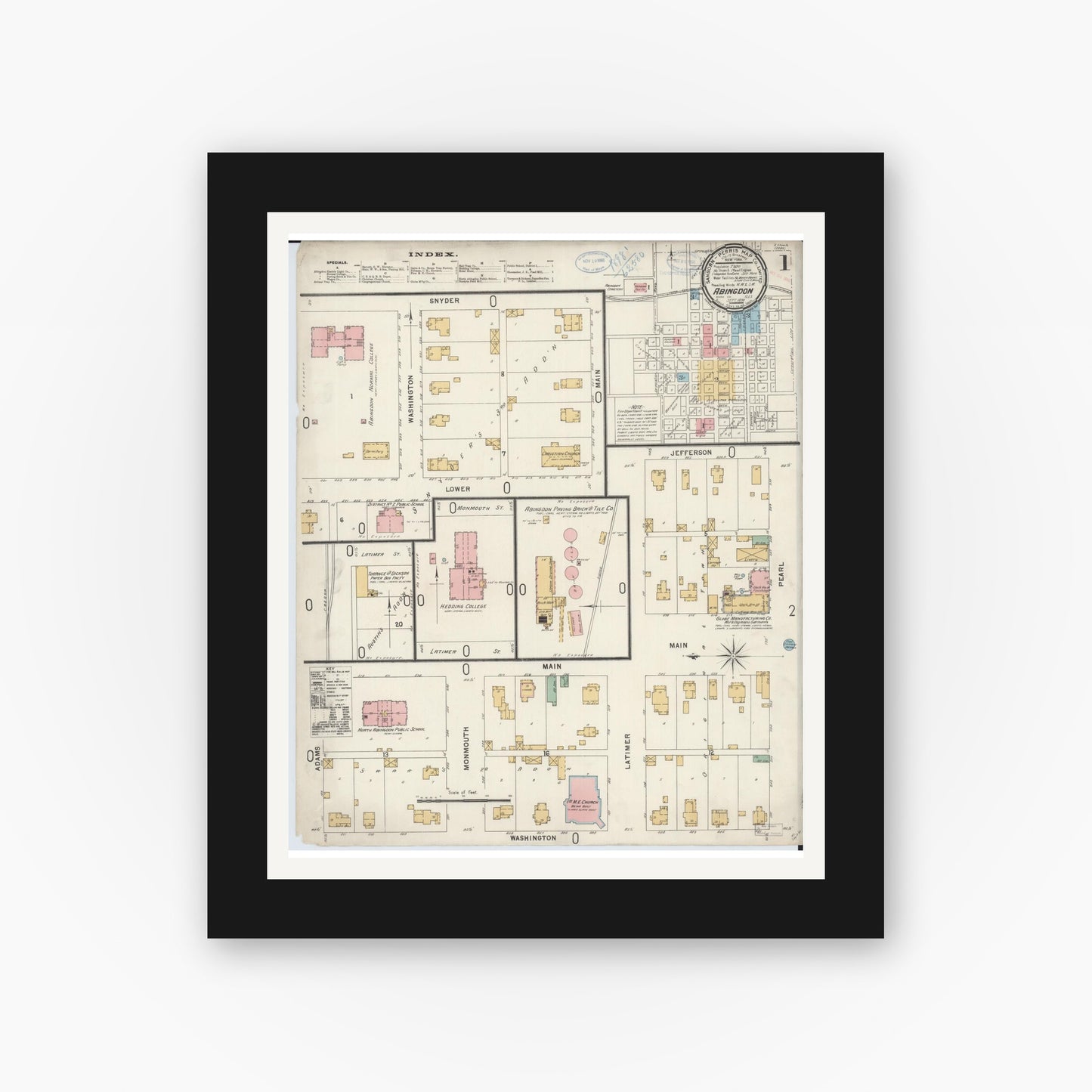 Old map wall art mockup — black gallery frame with white mat — Sanborn Fire Insurance Map from Abingdon, Knox County, Illinois (1898), Sheet #0001