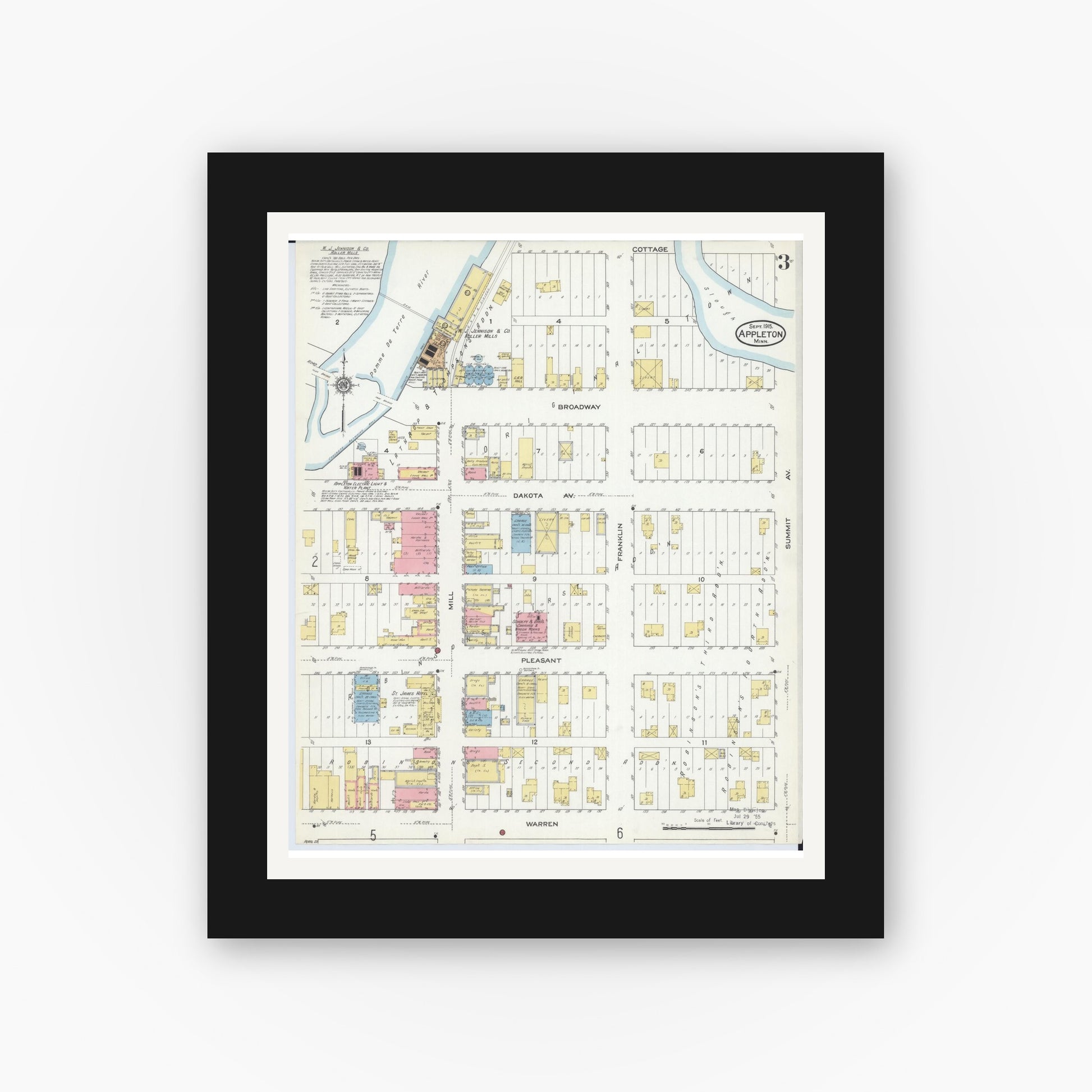 Old map wall art mockup — black gallery frame with white mat — Sanborn Fire Insurance Map from Appleton, Swift County, Minnesota (1915), Sheet #0003