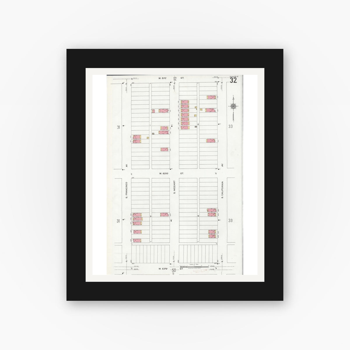 Old map wall art mockup — black gallery frame with white mat — Sanborn Fire Insurance Map from Chicago, Cook County, Illinois (1920), Sheet #0032