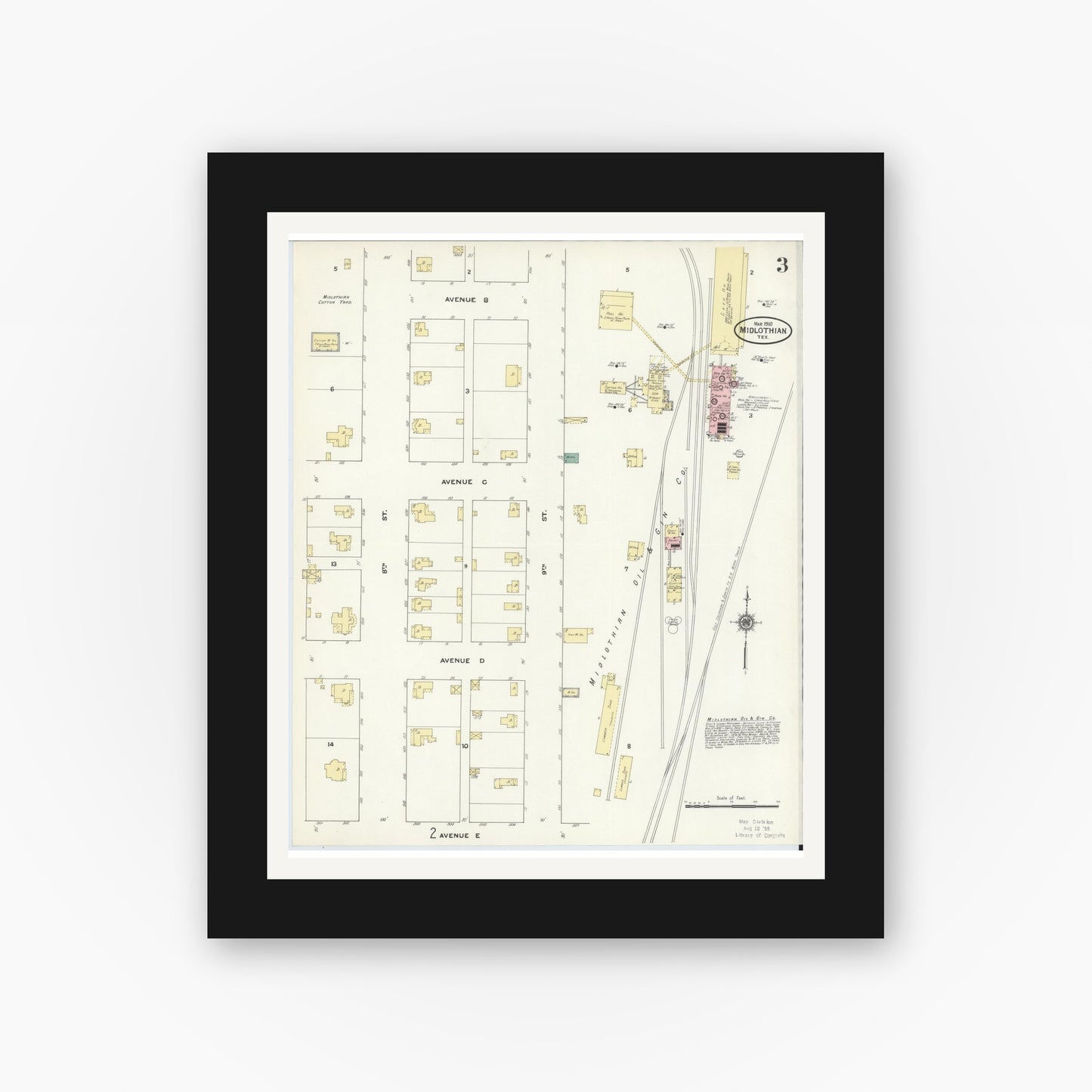 Old map wall art mockup — black gallery frame with white mat — Sanborn Fire Insurance Map from Midlothian, Ellis County, Texas (1910), Sheet #0003