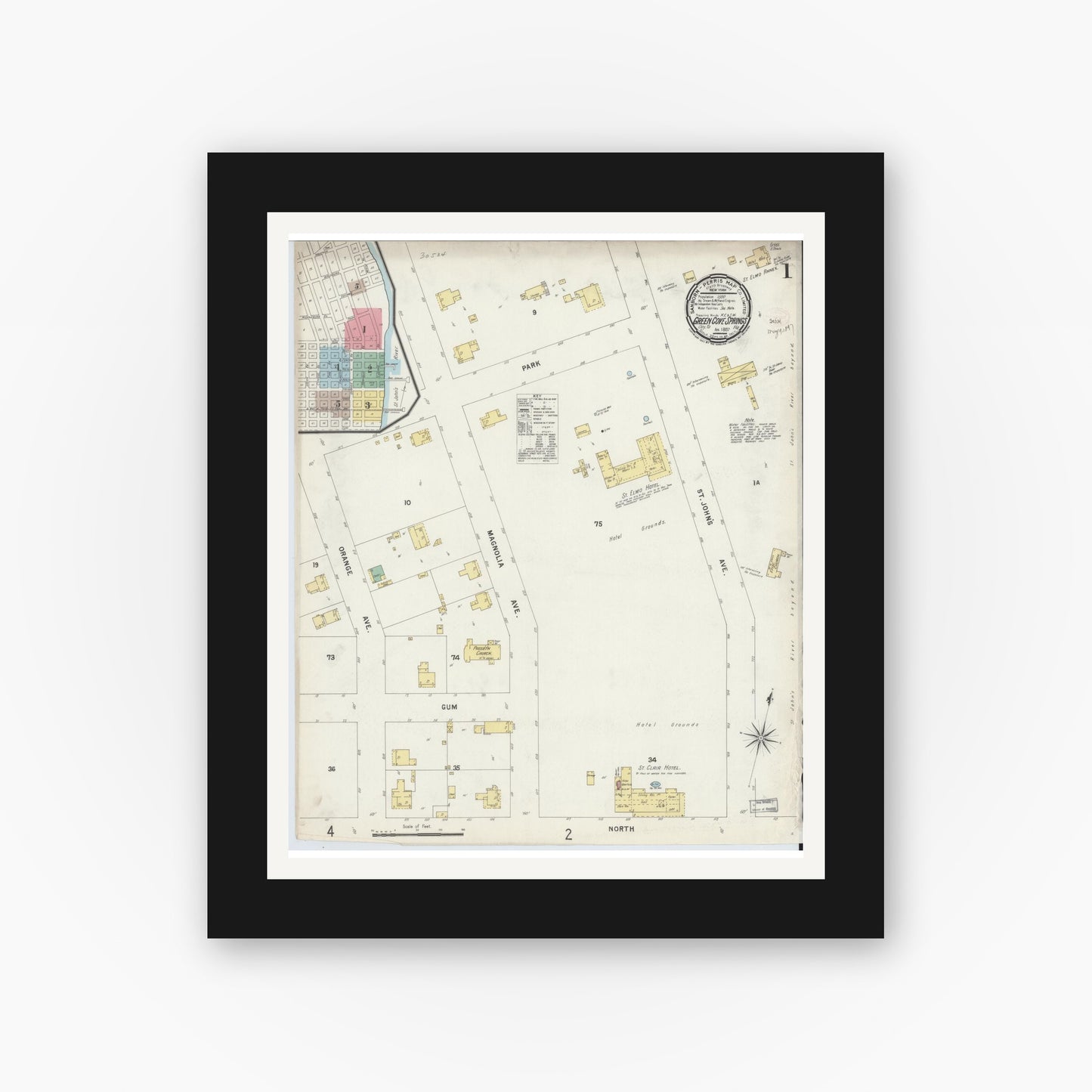 Old map wall art mockup — black gallery frame with white mat — Sanborn Fire Insurance Map from Green Cove Springs, Clay County, Florida (1897) - Complete Map Set